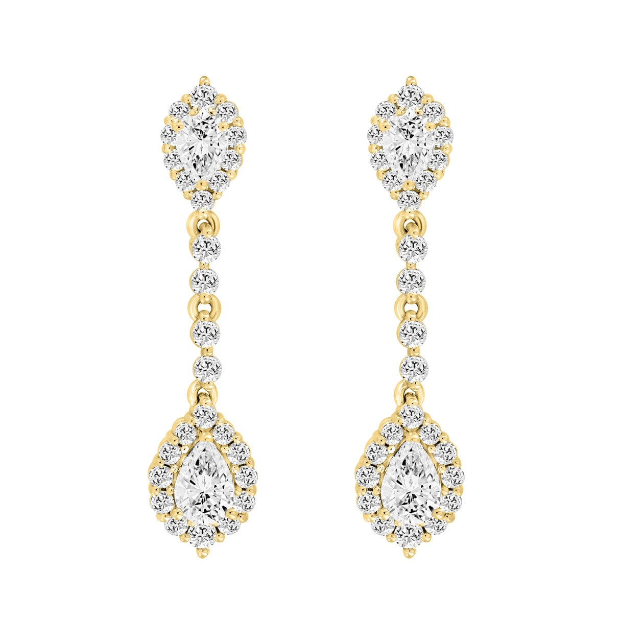 LADIES LINEAR EARRINGS 2 3/4CT PEAR/ROUND DIAMOND 14K YELLOW GOLD (CENTER STONE PEAR DIAMOND 1CT )