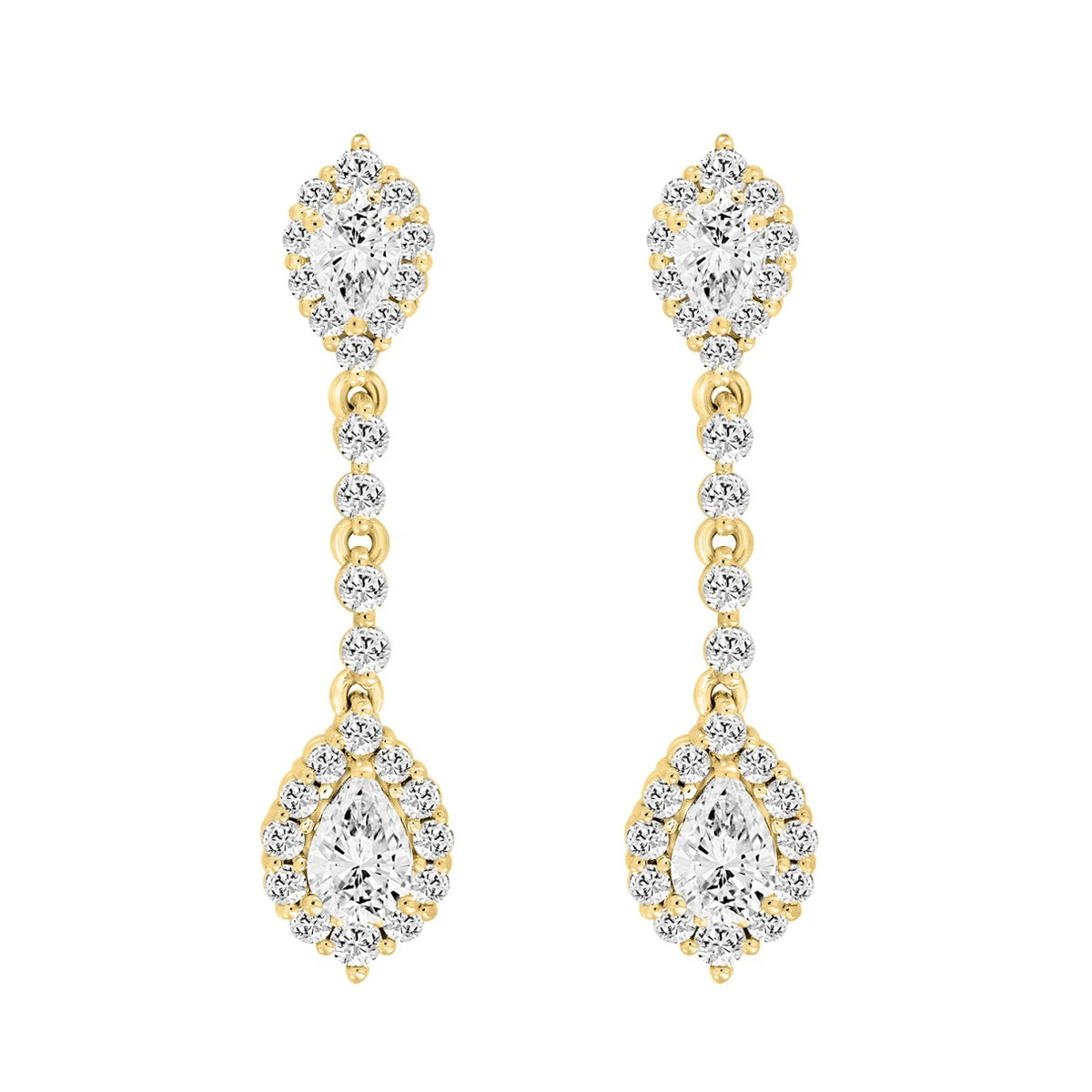 LADIES LINEAR EARRINGS 2 3/4CT PEAR/ROUND DIAMOND 14K YELLOW GOLD (CENTER STONE PEAR DIAMOND 1CT )