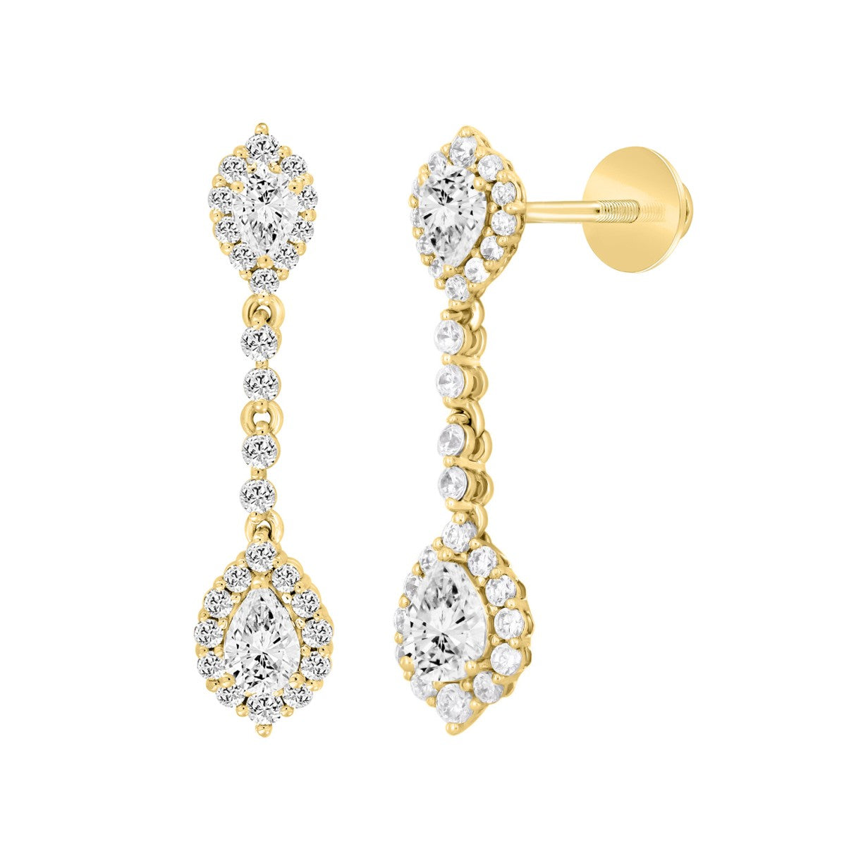 LADIES LINEAR EARRINGS 2 3/4CT PEAR/ROUND DIAMOND 14K YELLOW GOLD (CENTER STONE PEAR DIAMOND 1CT )