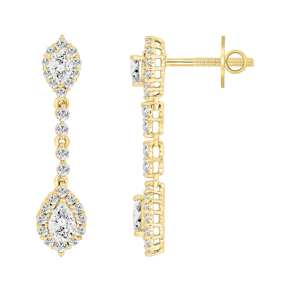 LADIES LINEAR EARRINGS 2 3/4CT PEAR/ROUND DIAMOND 14K YELLOW GOLD (CENTER STONE PEAR DIAMOND 1CT )