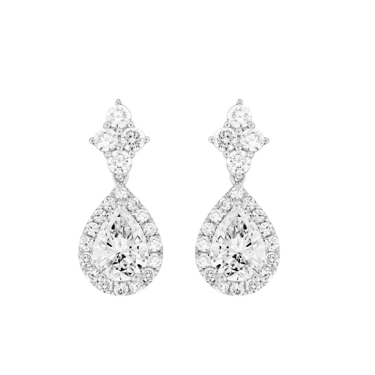 LADIES EARRINGS 3 1/4CT ROUND/PEAR DIAMOND 14K WHITE GOLD (CENTER STONE PEAR DIAMOND 2CT )