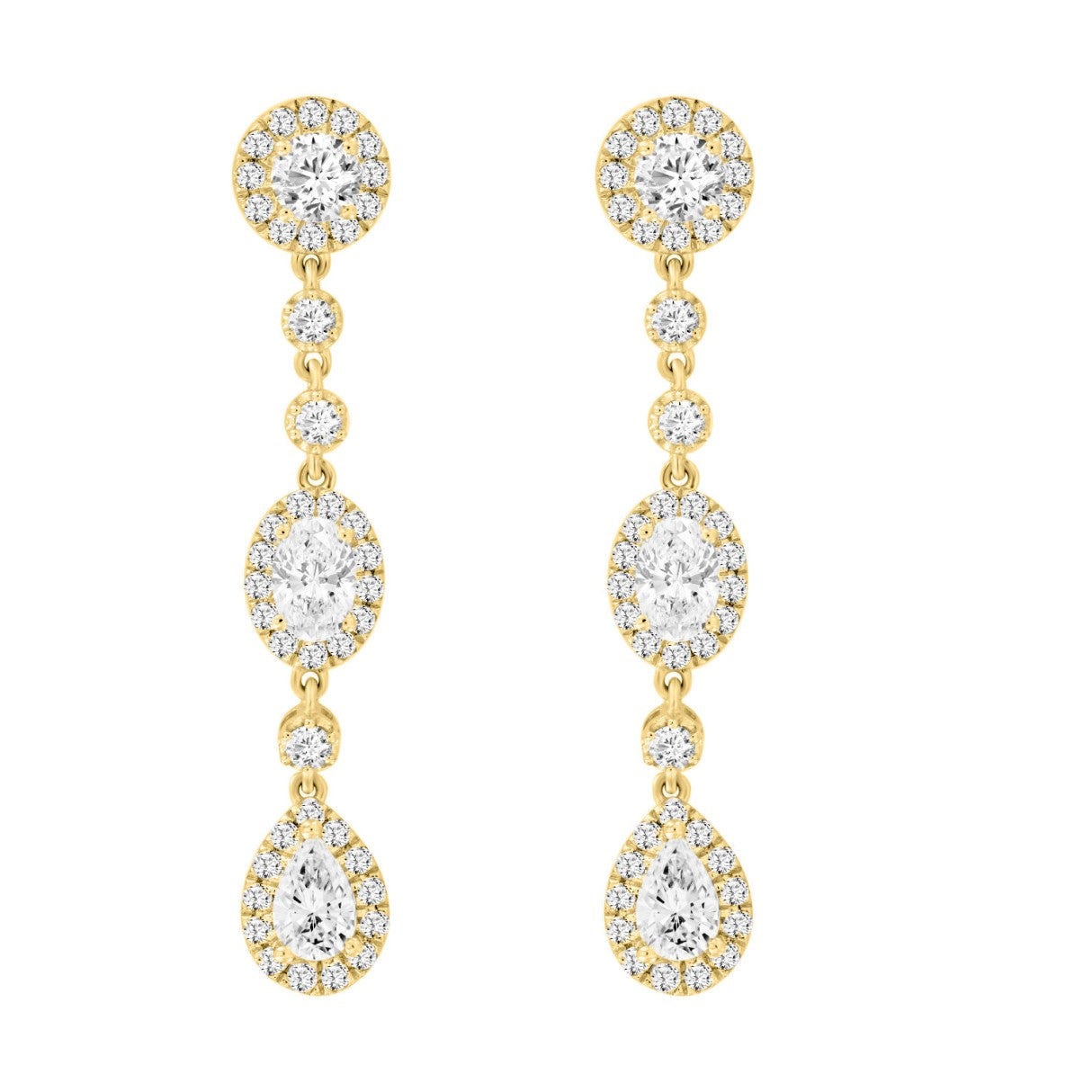 LADIES LINEAR EARRINGS 3 1/2CT OVAL/ROUND/PEAR DIAMOND 14K YELLOW GOLD