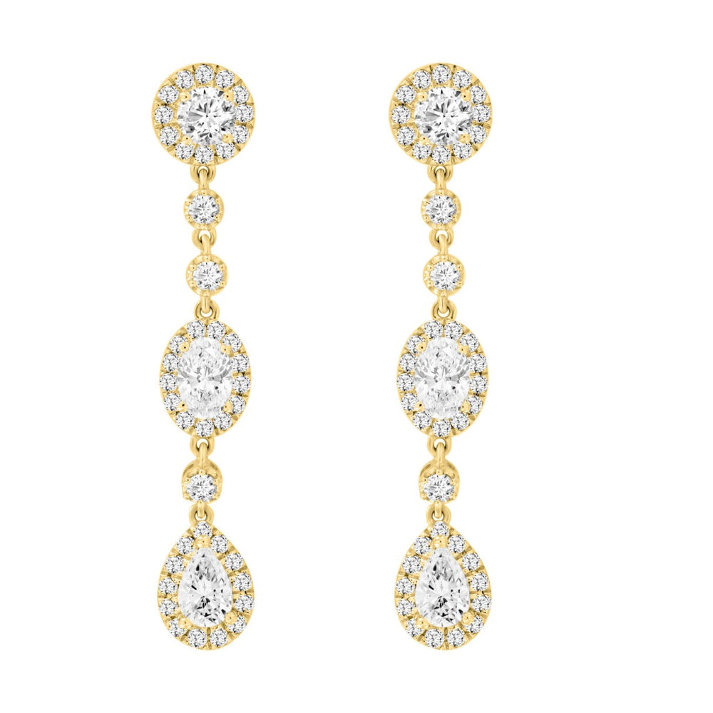 LADIES LINEAR EARRINGS 3 1/2CT OVAL/ROUND/PEAR DIAMOND 14K YELLOW GOLD
