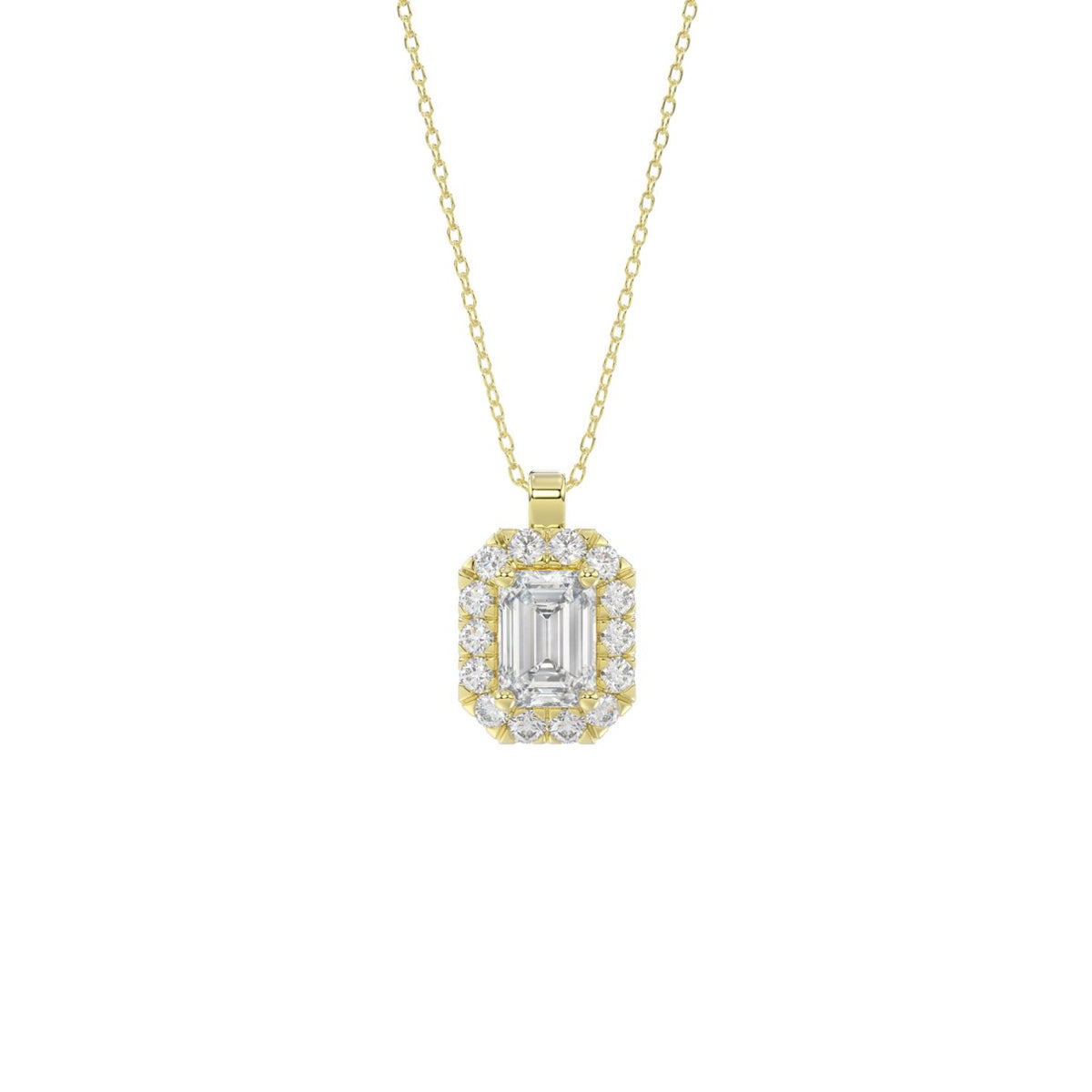 14K YELLOW GOLD 1 3/8CT ROUND EMERALD DIAMOND LADIES PENDANT WITH CHAIN (CENTER STONE EMERALD DIAMOND 1CT )
