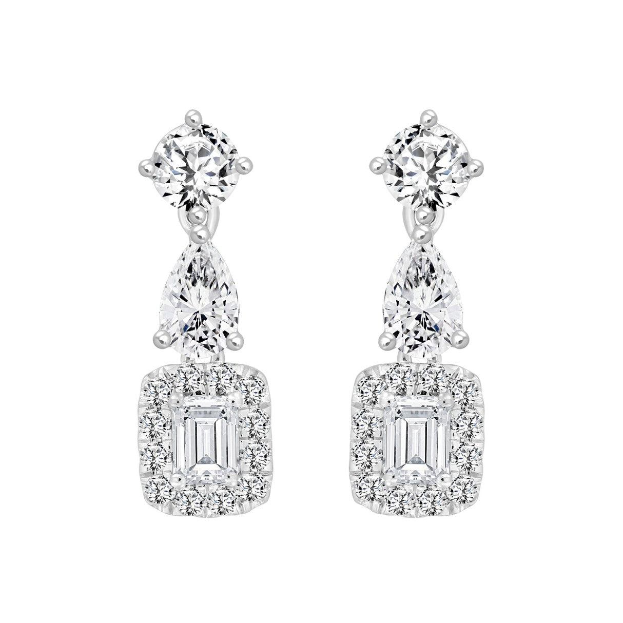 LADIES EARRINGS 2CT ROUND/EMERALD/PEAR DIAMOND 14K WHITE GOLD (CENTER STONE EMERALD DIAMOND 1/2CT )