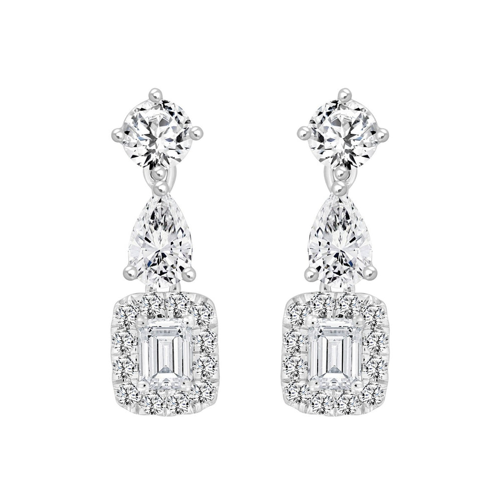 LADIES EARRINGS 2CT ROUND/EMERALD/PEAR DIAMOND 14K WHITE GOLD (CENTER STONE EMERALD DIAMOND 1/2CT )