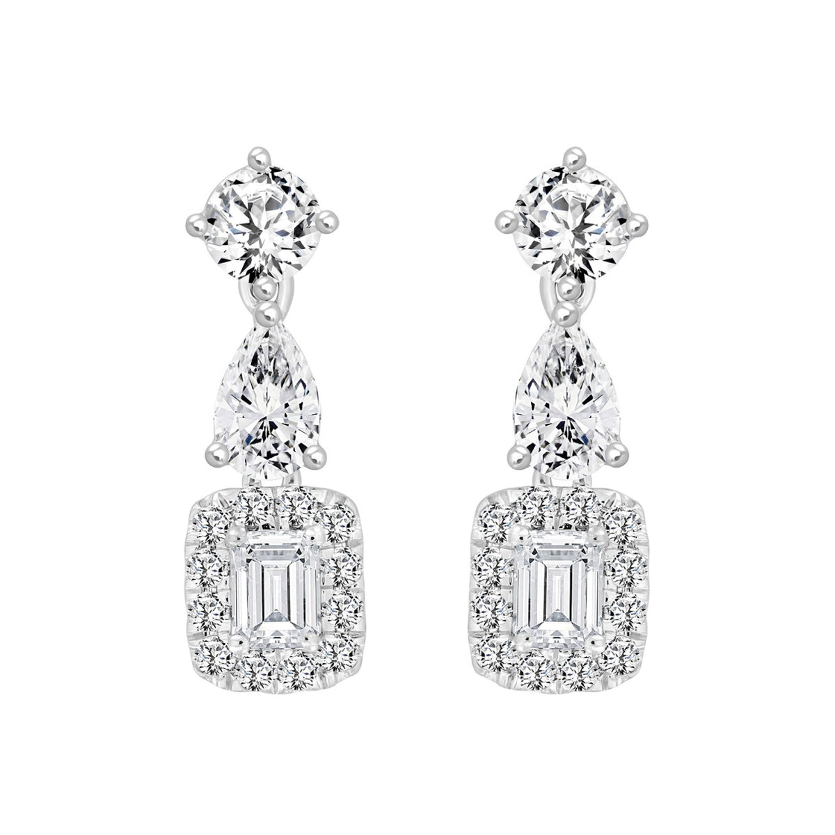 LADIES EARRINGS 2CT ROUND/EMERALD/PEAR DIAMOND 14K WHITE GOLD (CENTER STONE EMERALD DIAMOND 1/2CT )