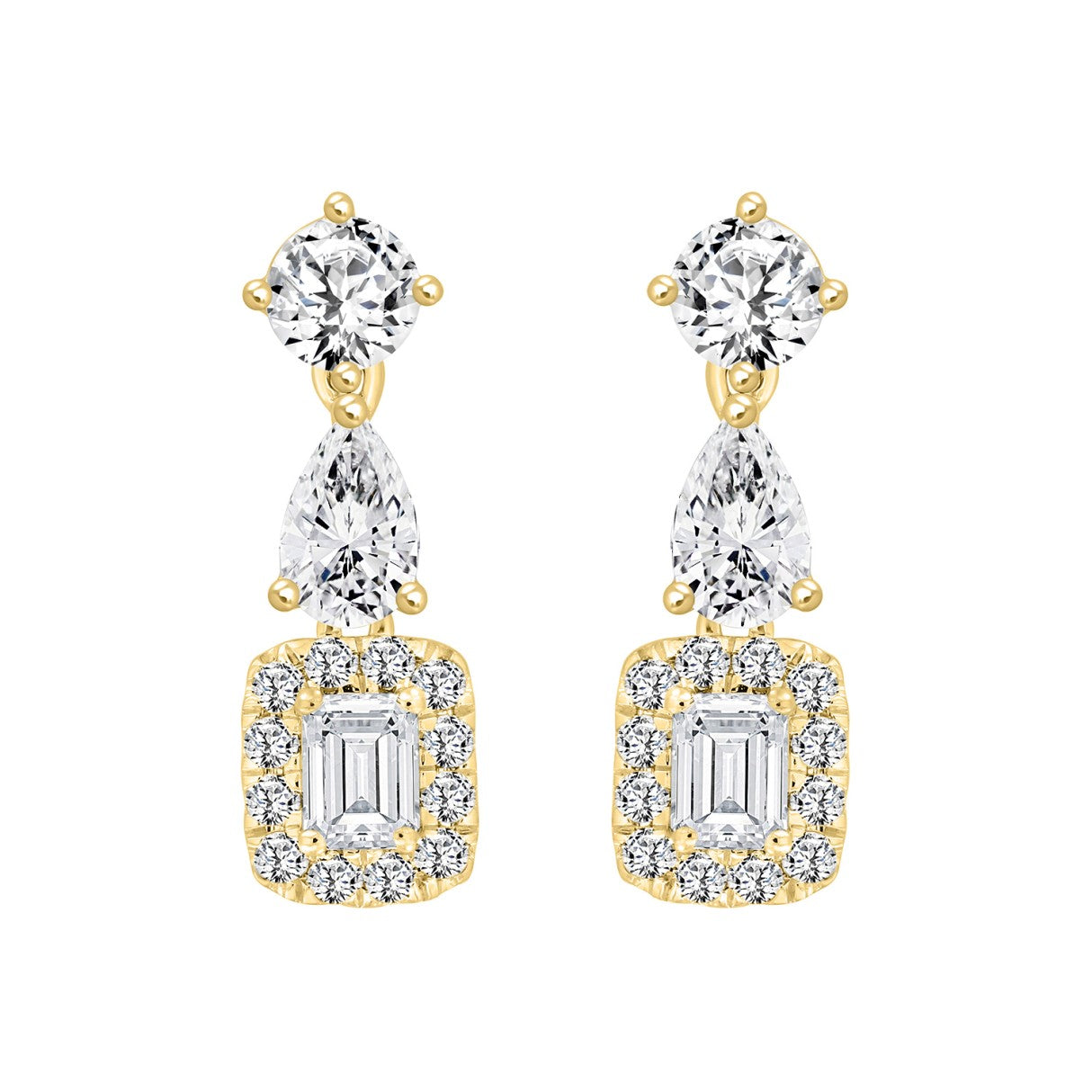 LADIES EARRINGS 2CT ROUND/EMERALD/PEAR DIAMOND 14K YELLOW GOLD (CENTER STONE EMERALD DIAMOND 1/2CT )
