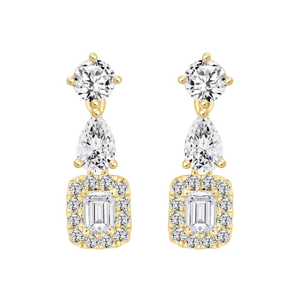 LADIES EARRINGS 2CT ROUND/EMERALD/PEAR DIAMOND 14K YELLOW GOLD (CENTER STONE EMERALD DIAMOND 1/2CT )