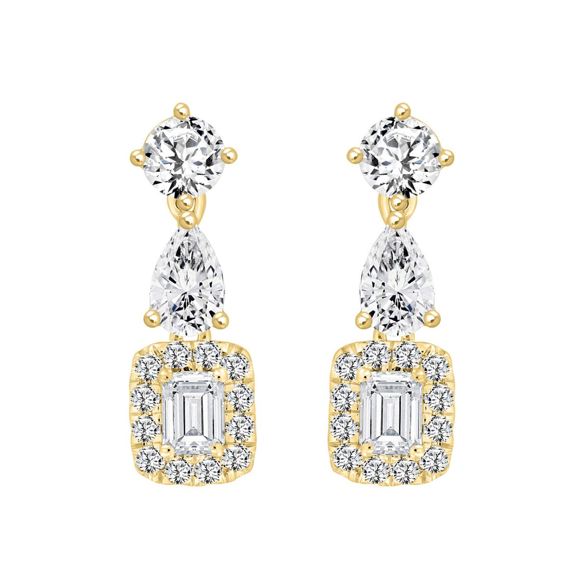 LADIES EARRINGS 2CT ROUND/EMERALD/PEAR DIAMOND 14K YELLOW GOLD (CENTER STONE EMERALD DIAMOND 1/2CT )