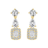 LADIES EARRINGS 2CT ROUND/EMERALD/PEAR DIAMOND 14K YELLOW GOLD (CENTER STONE EMERALD DIAMOND 1/2CT )