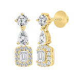 LADIES EARRINGS 2CT ROUND/EMERALD/PEAR DIAMOND 14K YELLOW GOLD (CENTER STONE EMERALD DIAMOND 1/2CT )