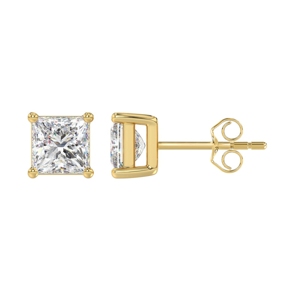LADIES SOLITAIRE EARRINGS 3CT PRINCESS DIAMOND 14K YELLOW GOLD