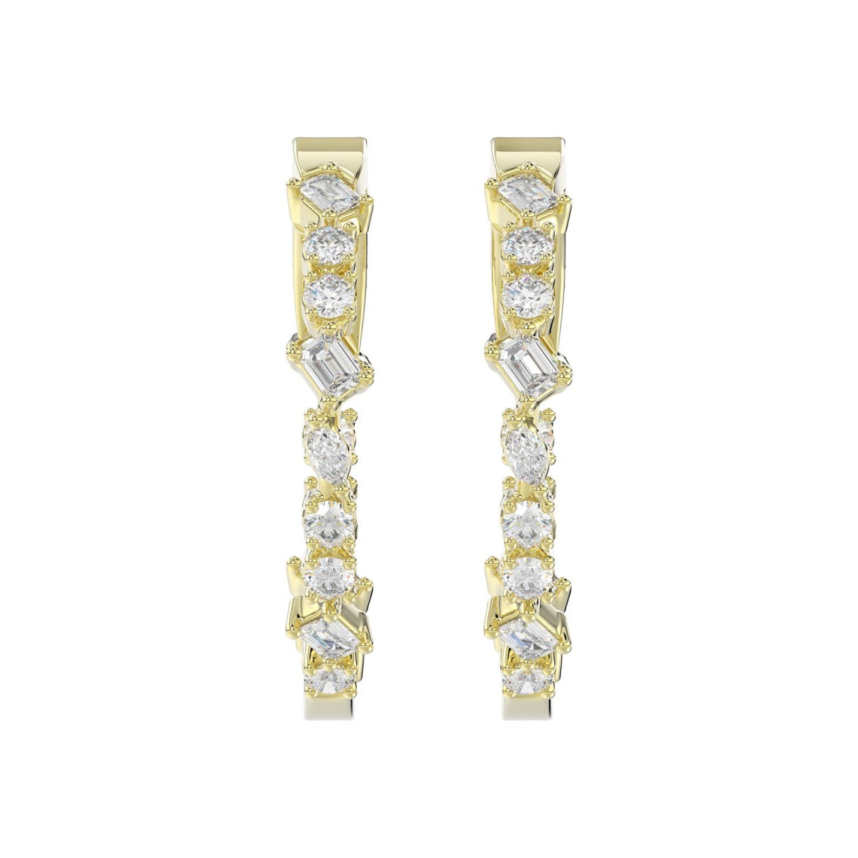 LADIES HOOP EARRINGS 2 1/2CT ROUND/EMERALD/MARQUISE DIAMOND 14K YELLOW GOLD