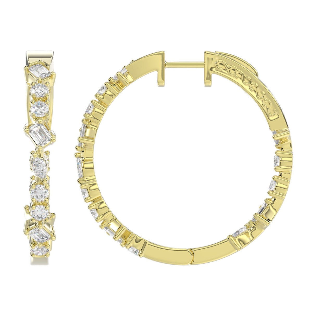 LADIES HOOP EARRINGS 2 1/2CT ROUND/EMERALD/MARQUISE DIAMOND 14K YELLOW GOLD