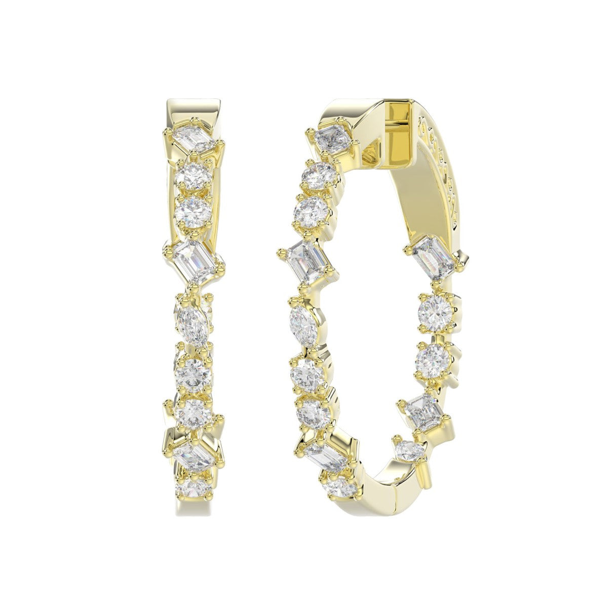 LADIES HOOP EARRINGS 2 1/2CT ROUND/EMERALD/MARQUISE DIAMOND 14K YELLOW GOLD