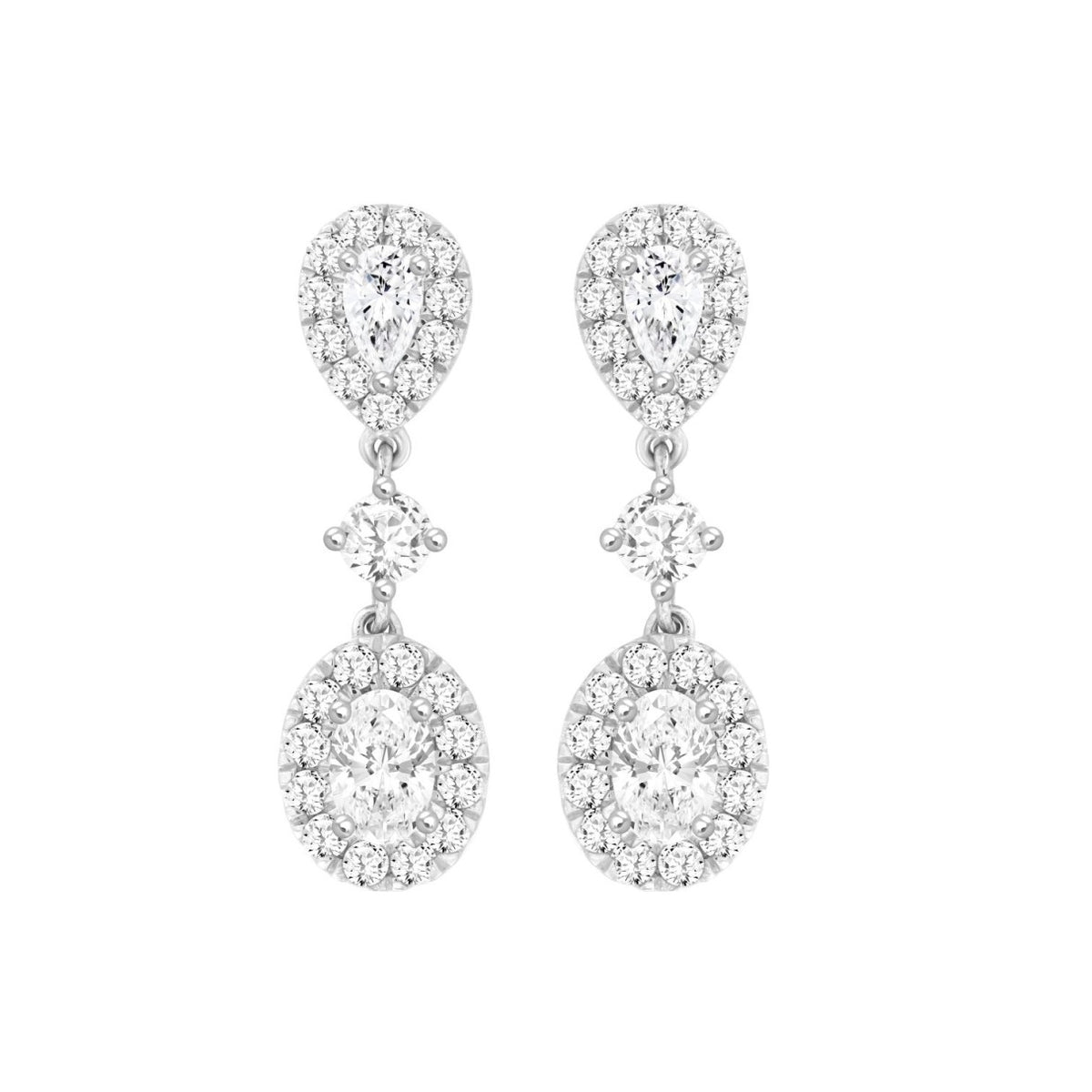 LADIES EARRINGS 2 3/4CT ROUND/OVAL/PEAR DIAMOND 14K WHITE GOLD (CENTER STONE OVAL DIAMOND 1CT )