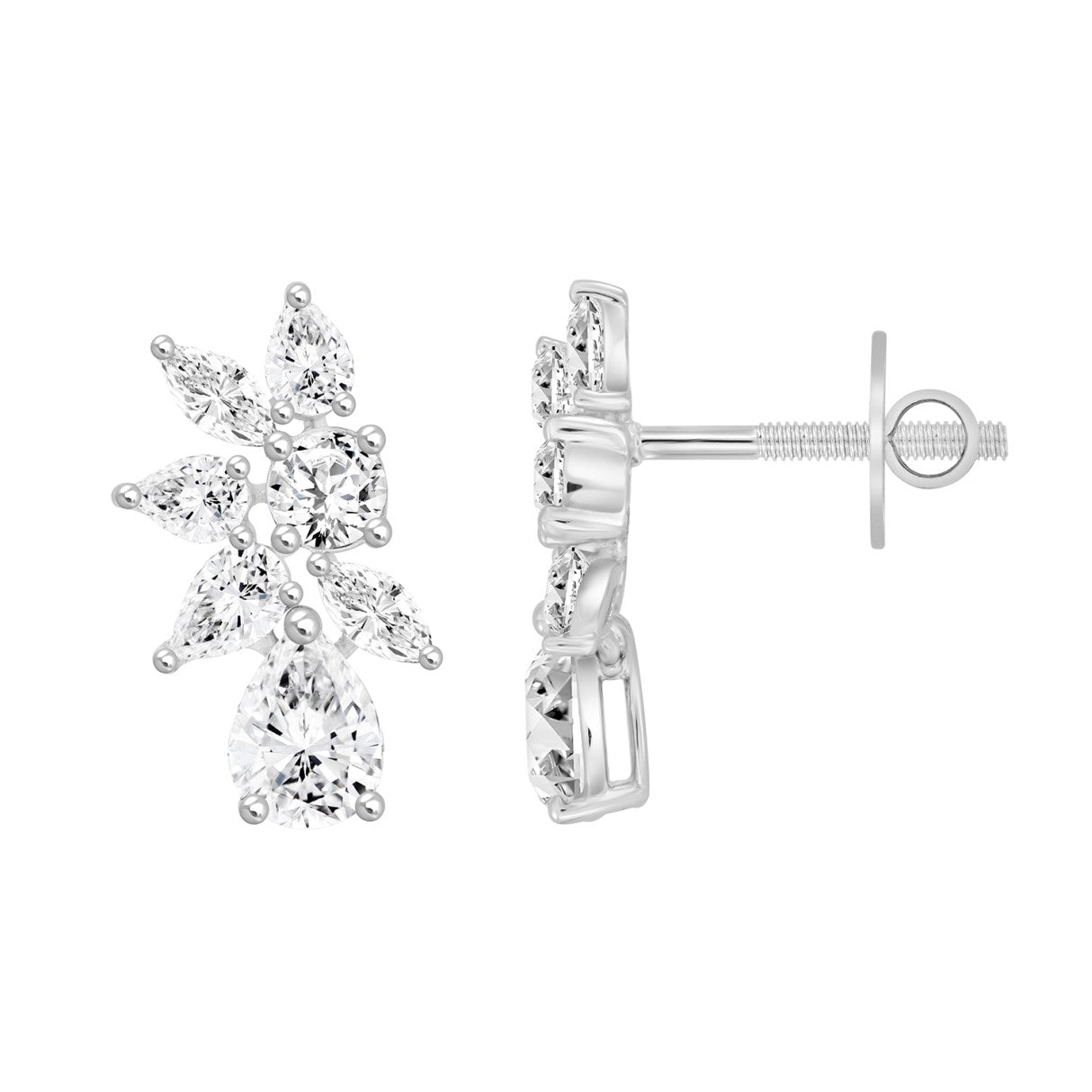 LADIES STUD EARRINGS 4 1/2CT PEAR/ROUND/MARQUISE DIAMOND 14K WHITE GOLD