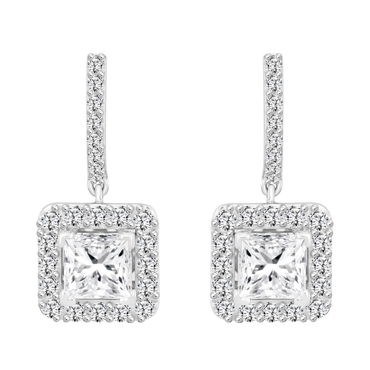 LADIES EARRINGS 3CT PRINCESS/ROUND DIAMOND 14K WHITE GOLD (CENTER STONE PRINCESS DIAMOND 2CT )
