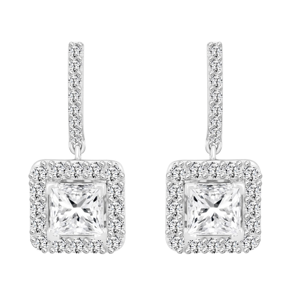 LADIES EARRINGS 3CT PRINCESS/ROUND DIAMOND 14K WHITE GOLD (CENTER STONE PRINCESS DIAMOND 2CT )
