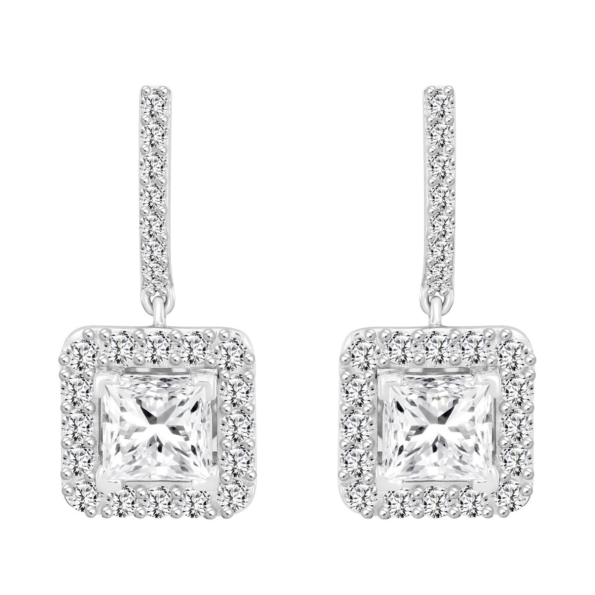 LADIES EARRINGS 3CT PRINCESS/ROUND DIAMOND 14K WHITE GOLD (CENTER STONE PRINCESS DIAMOND 2CT )