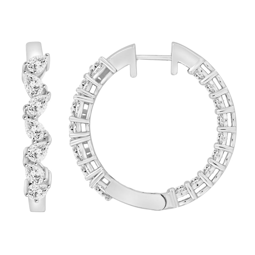 LADIES HOOP EARRINGS 4 3/4CT PEAR/ROUND DIAMOND 14K WHITE GOLD