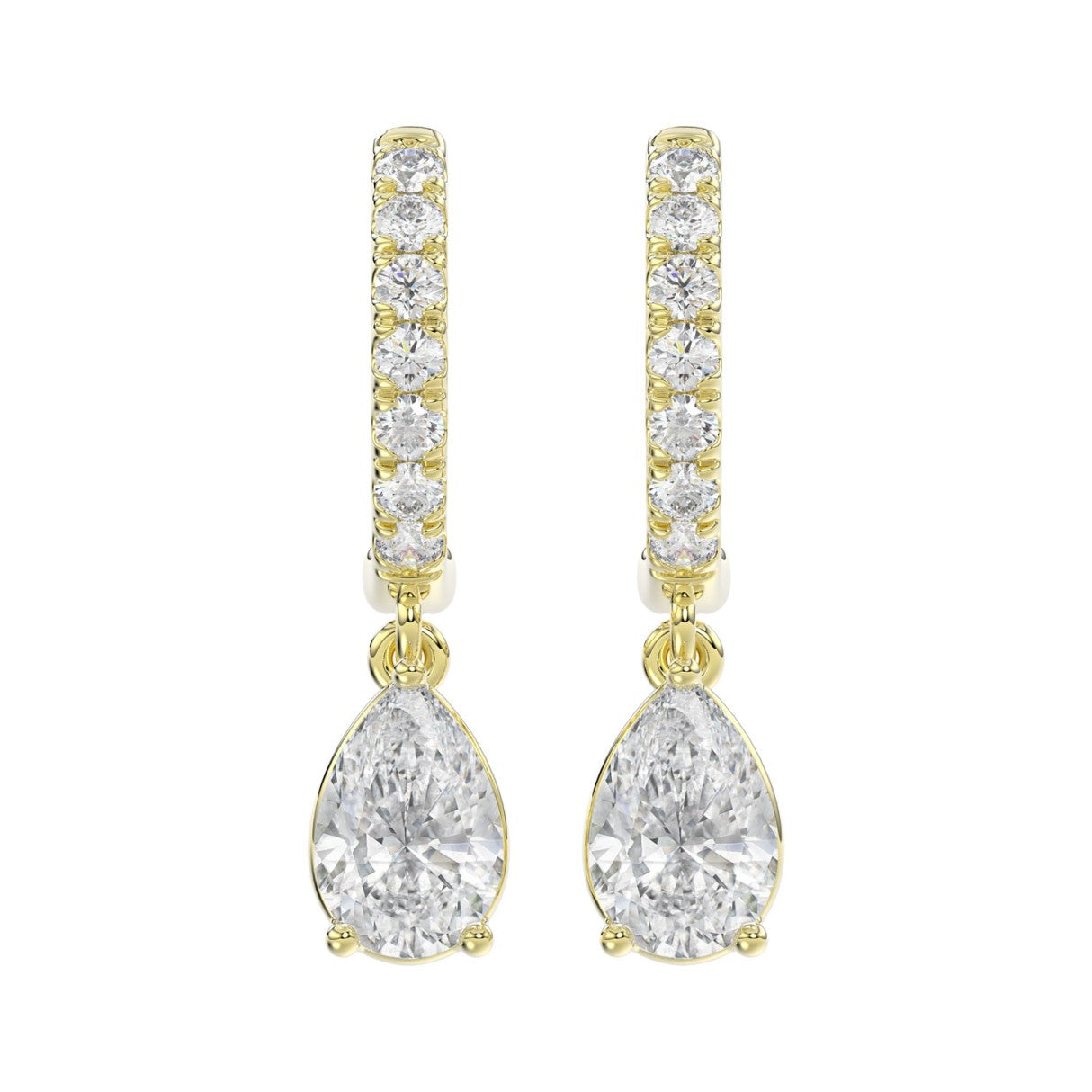 LADIES EARRINGS 1 1/4CT PEAR/ROUND DIAMOND 14K YELLOW GOLD (CENTER STONE PEAR DIAMOND 1CT)
