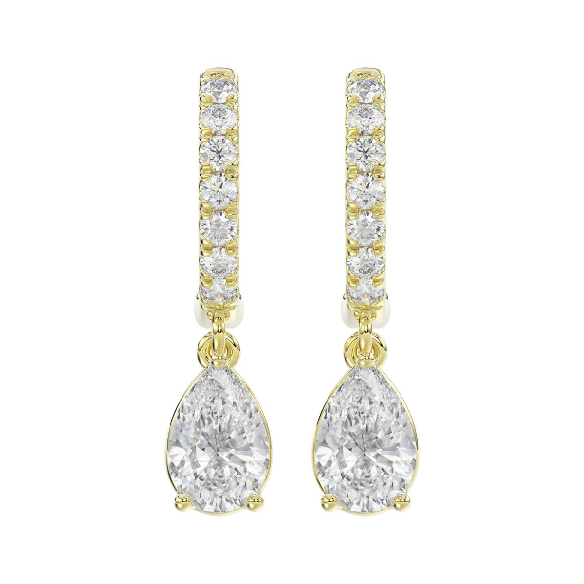 LADIES EARRINGS 1 1/4CT PEAR/ROUND DIAMOND 14K YELLOW GOLD (CENTER STONE PEAR DIAMOND 1CT)