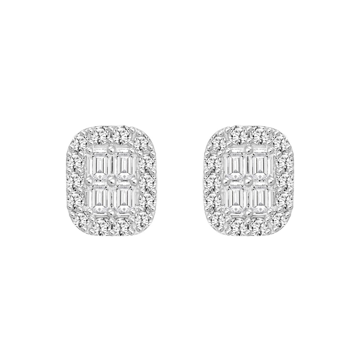 14K WHITE GOLD 1 1/2CT ROUND/EMERALD DIAMOND MEN'S EARRINGS 
