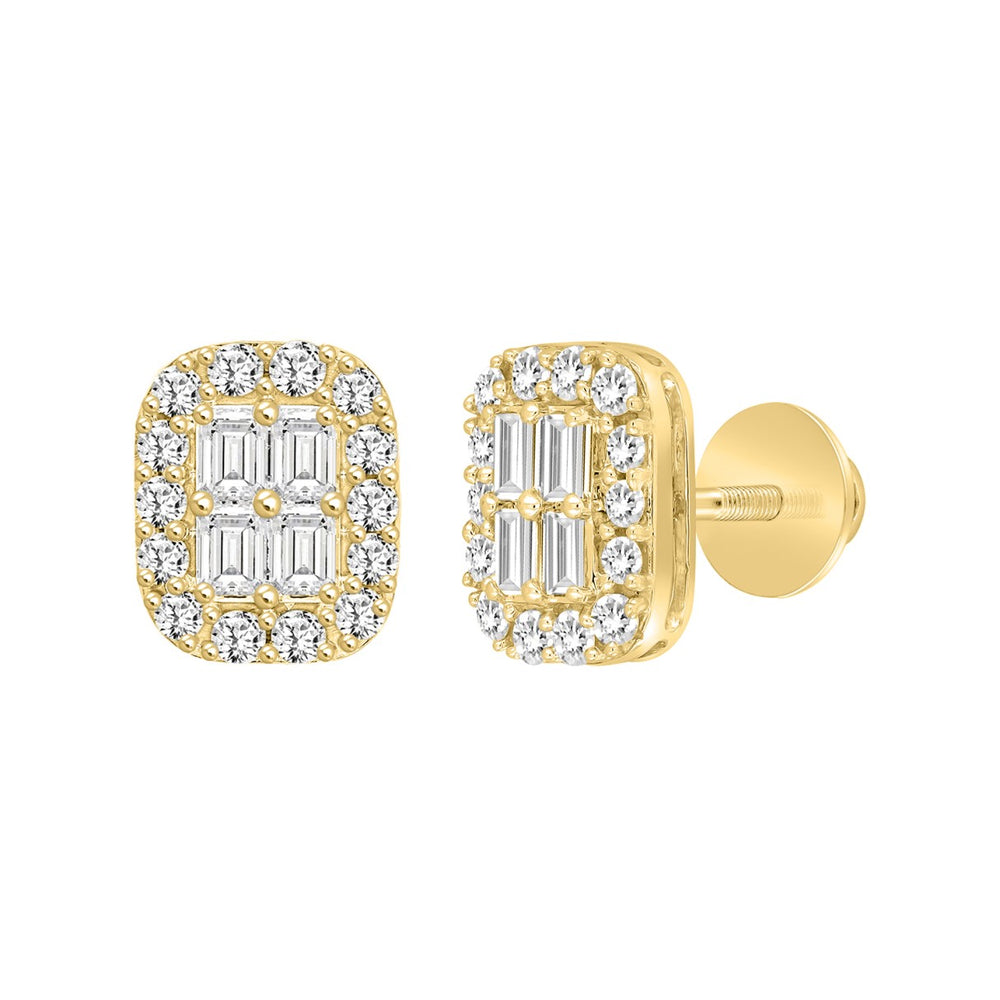 14K YELLOW GOLD 1 1/2CT ROUND/EMERALD DIAMOND MEN'S EARRINGS 