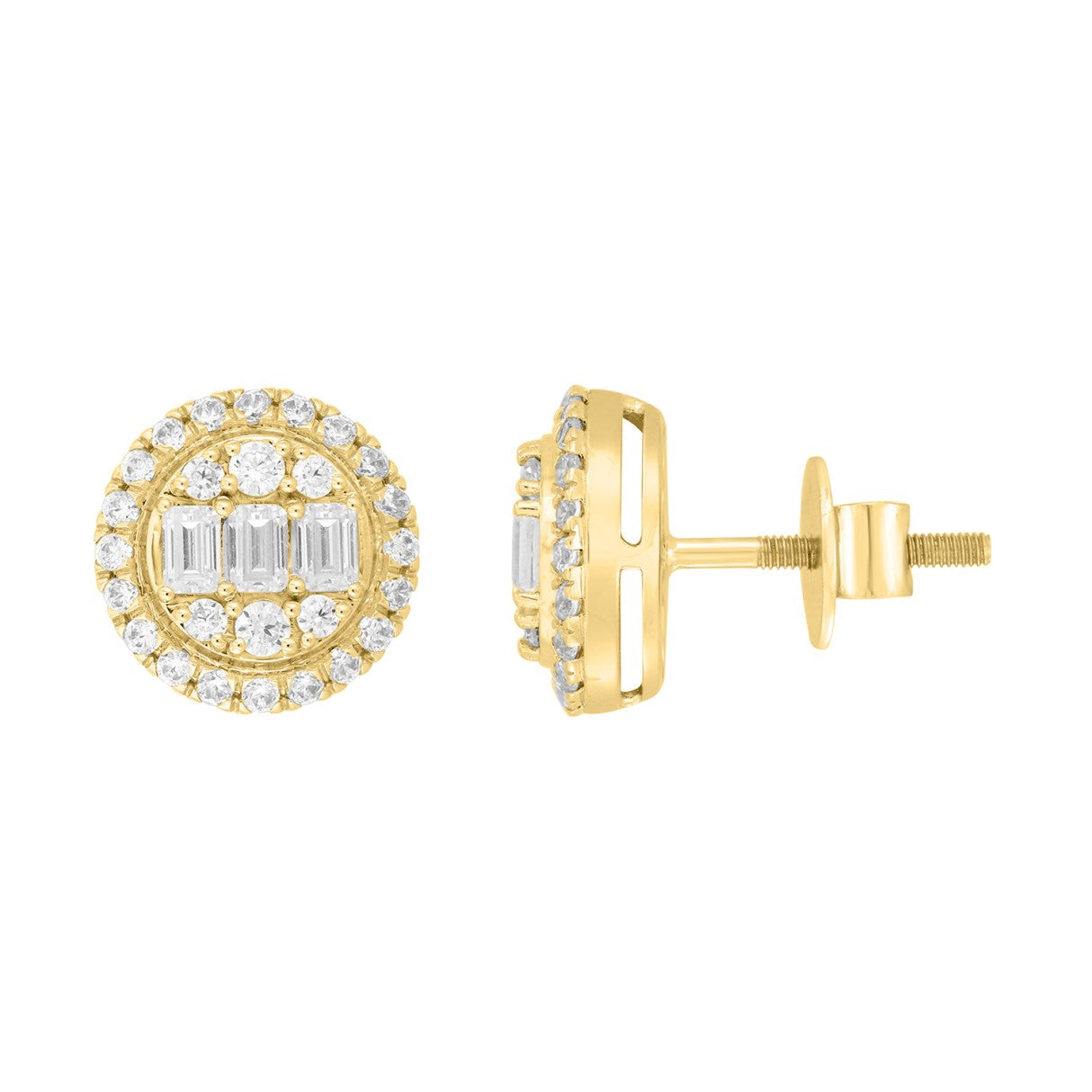 LADIES EARRINGS 1 1/4CT ROUND/EMERALD DIAMOND 14K YELLOW GOLD