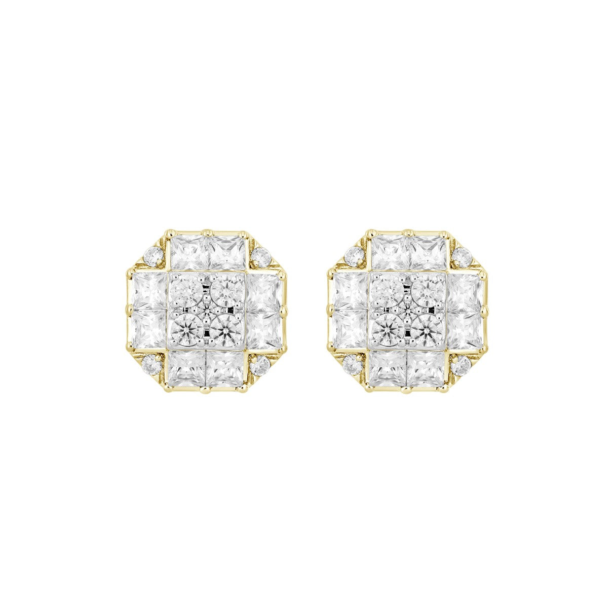 MEN'S EARRINGS 1 3/4CT ROUND/PRINCESS DIAMOND 14K YELLOW GOLD