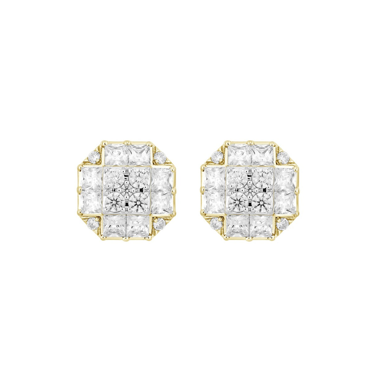 MEN'S EARRINGS 1 3/4CT ROUND/PRINCESS DIAMOND 14K YELLOW GOLD
