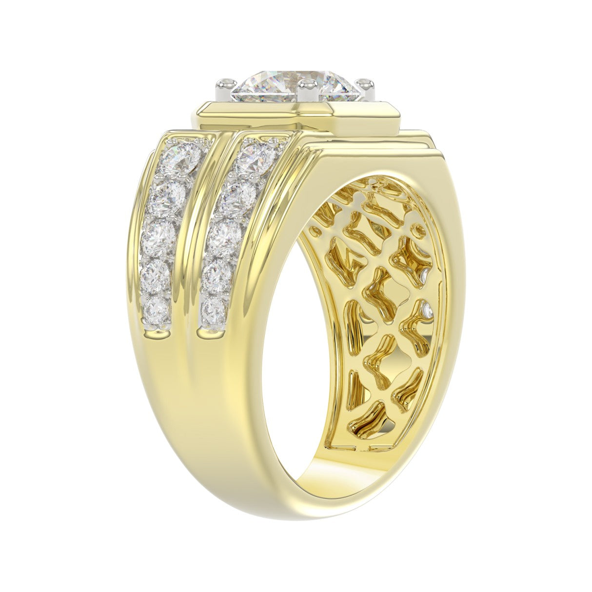 MEN'S RING 3CT ROUND DIAMOND 14K YELLOW GOLD (CENTER STONE ROUND DIAMOND 2CT )