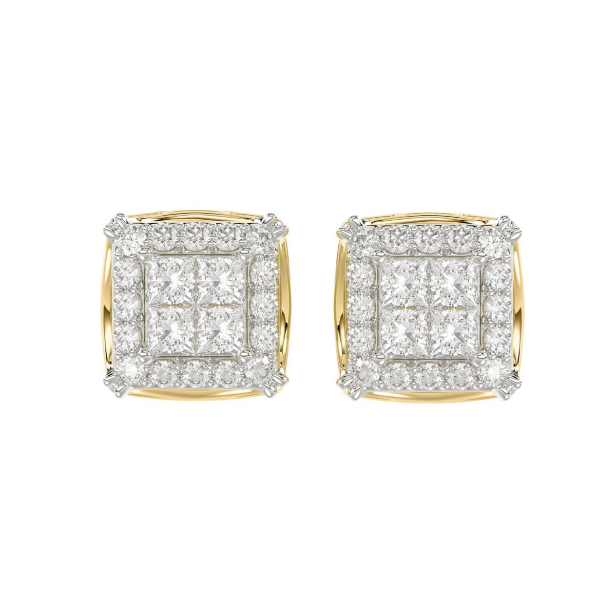14K YELLOW GOLD 1CT ROUND/PRINCESS DIAMOND MEN'S EARRINGS 