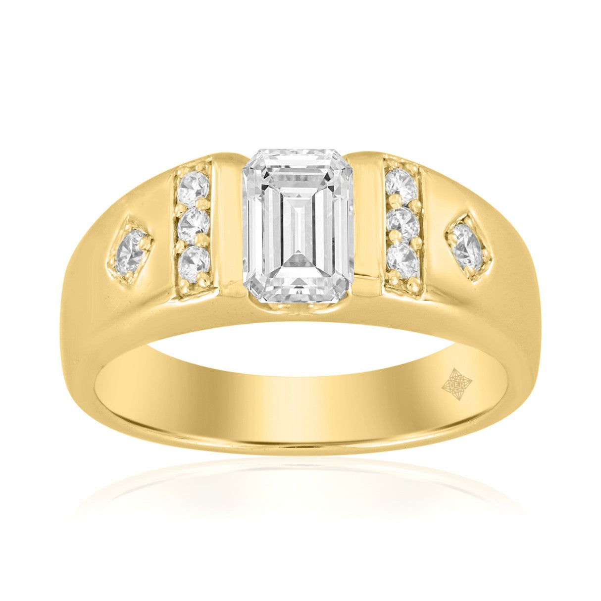 MEN'S RING 1 3/4CT EMERALD/ROUND DIAMOND 14K YELLOW GOLD (CENTER STONE EMERALD DIAMOND 1 1/2CT )