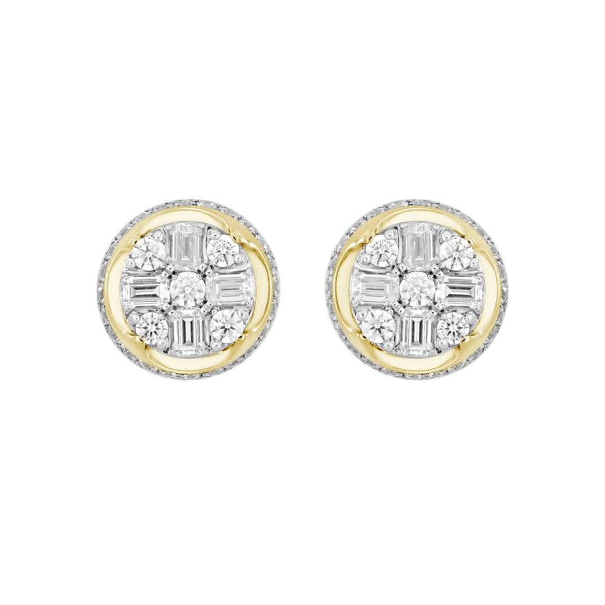 MEN'S EARRINGS 1 1/2CT ROUND/EMERALD DIAMOND 14K YELLOW GOLD
