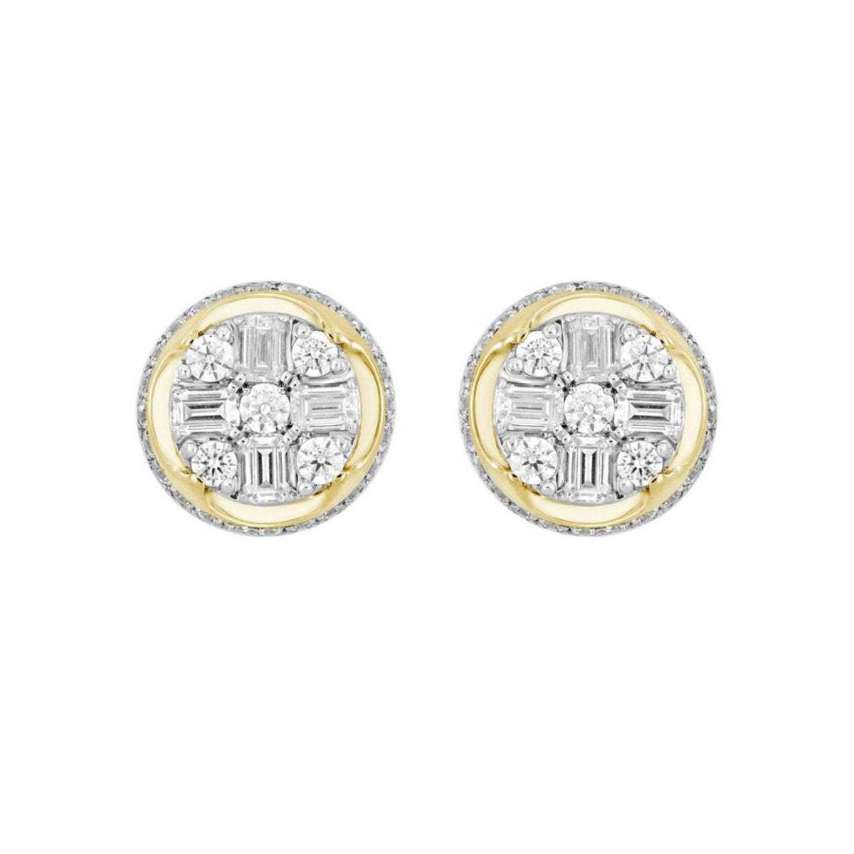 MEN'S EARRINGS 1 1/2CT ROUND/EMERALD DIAMOND 14K YELLOW GOLD