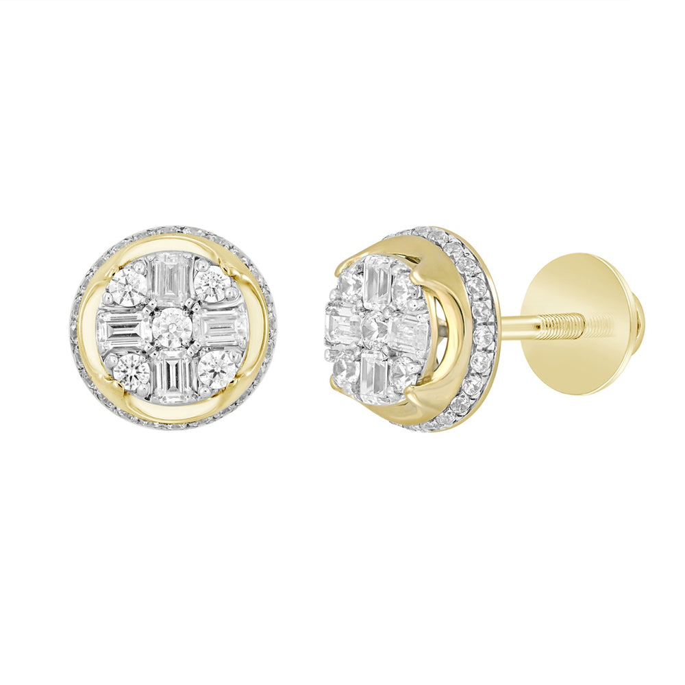 MEN'S EARRINGS 1 1/2CT ROUND/EMERALD DIAMOND 14K YELLOW GOLD