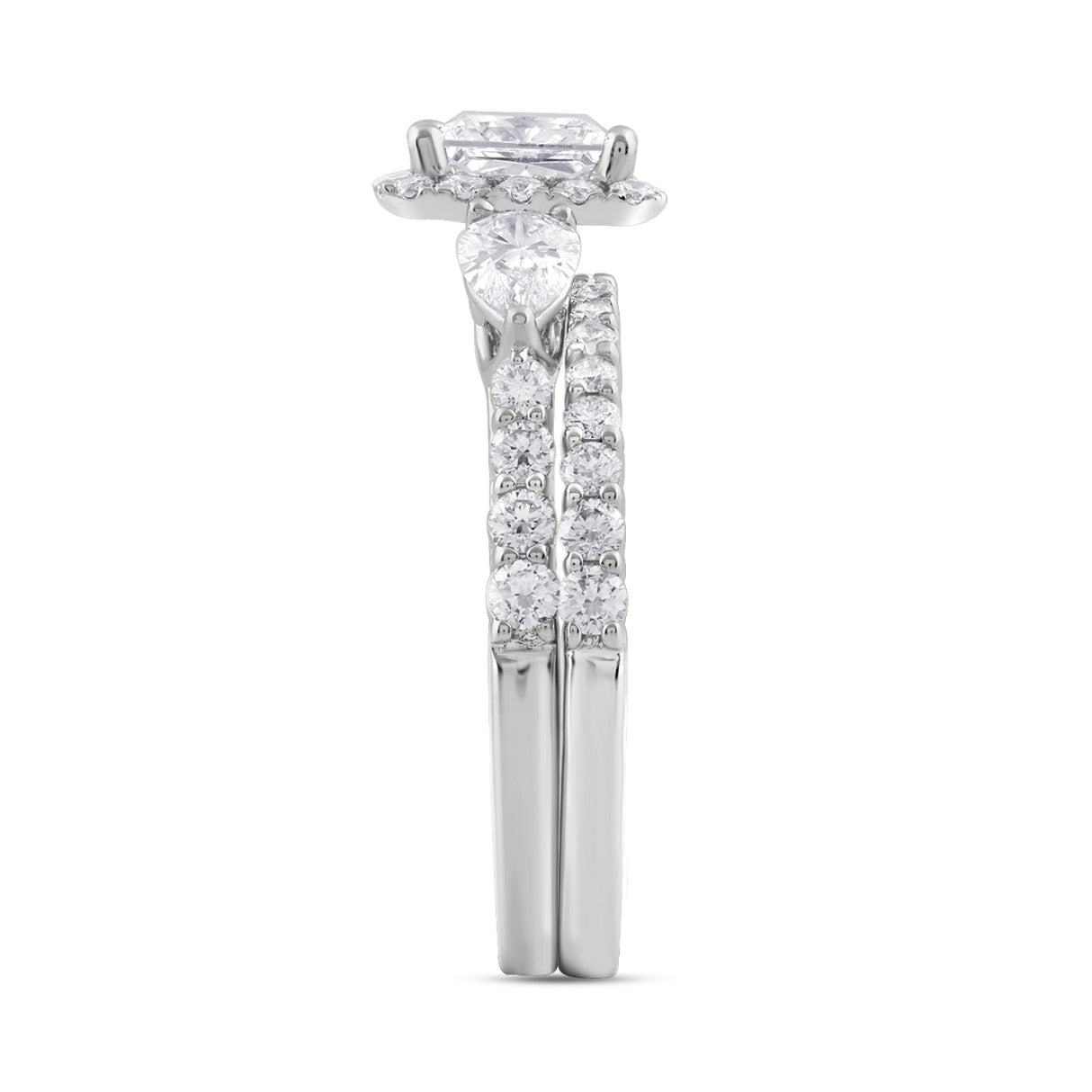 LADIES BRIDAL SET 2CT ROUND/PRINCESS/PEAR DIAMOND 14K WHITE GOLD (CENTER STONE PRINCESS DIAMOND 1CT )