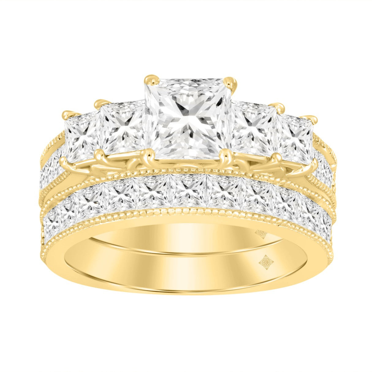 14K YELLOW GOLD 3 1/2CT ROUND/PRINCESS DIAMOND LADIES BRIDAL SET (CENTER STONE PRINCESS DIAMOND 3/4CT )