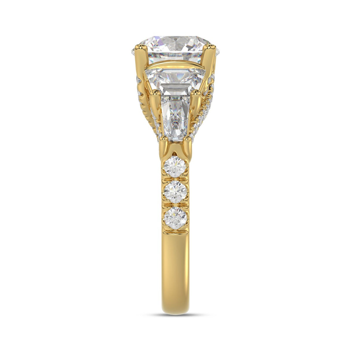 14K YELLOW GOLD 3 3/4CT ROUND/TRAPEZOID/BAGUETTE DIAMOND LADIES RING (CENTER STONE ROUND DIAMOND 2CT)