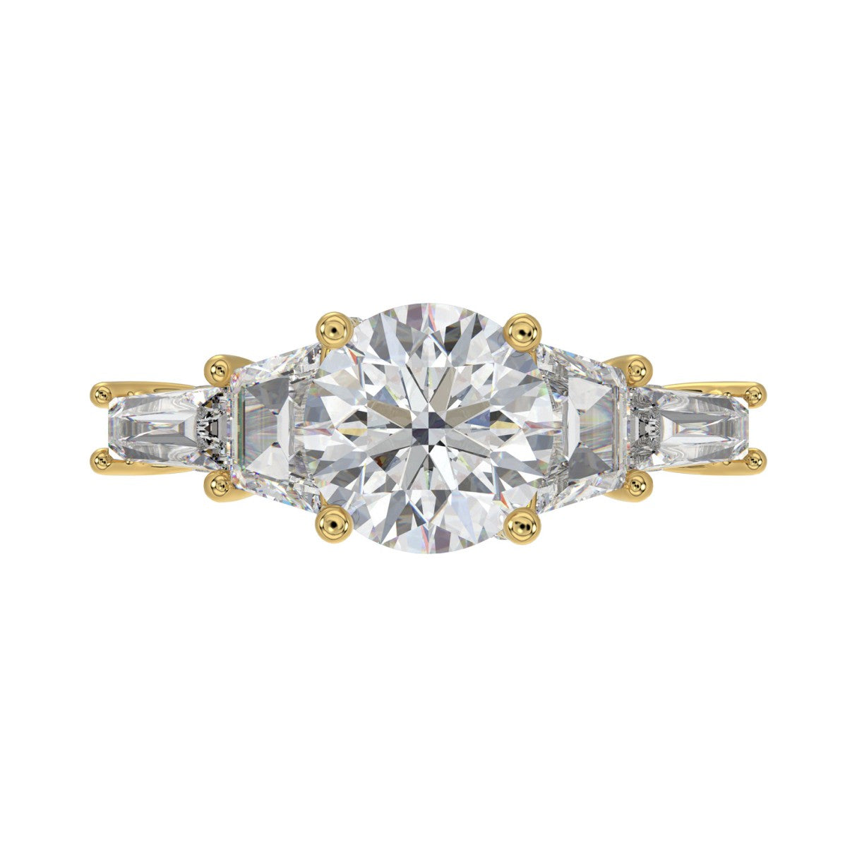 14K YELLOW GOLD 3 3/4CT ROUND/TRAPEZOID/BAGUETTE DIAMOND LADIES RING (CENTER STONE ROUND DIAMOND 2CT)