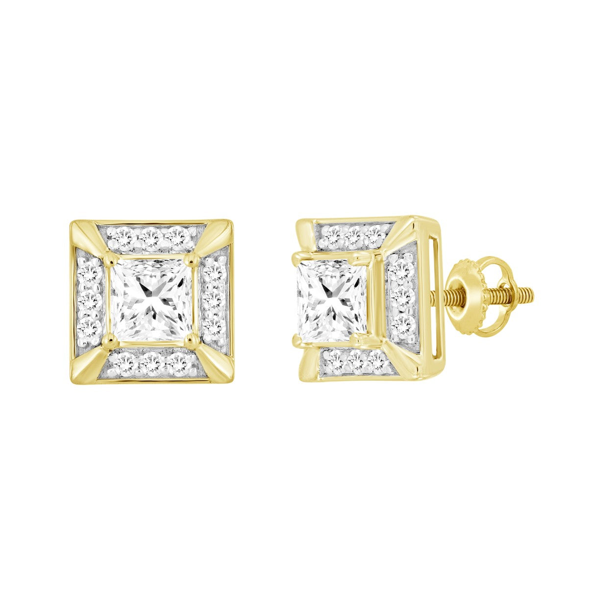 LADIES EARRINGS 1 1/4CT ROUND/PRINCESS DIAMOND 10K YELLOW GOLD