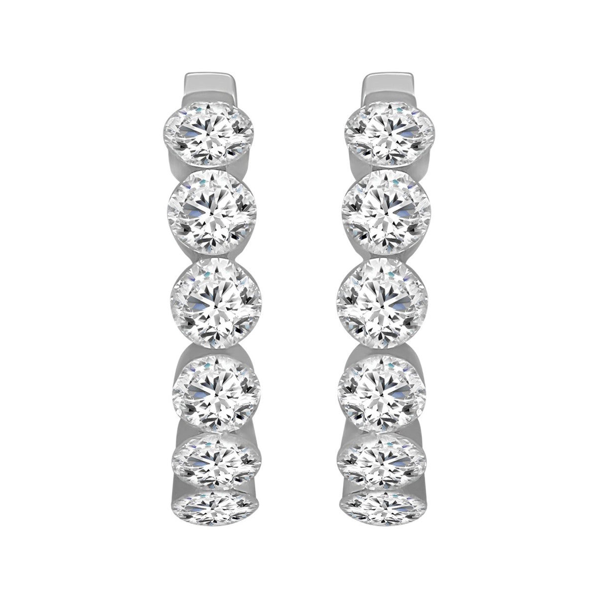 LADIES HOOP EARRINGS 1 3/4CT ROUND DIAMOND 14K WHITE GOLD