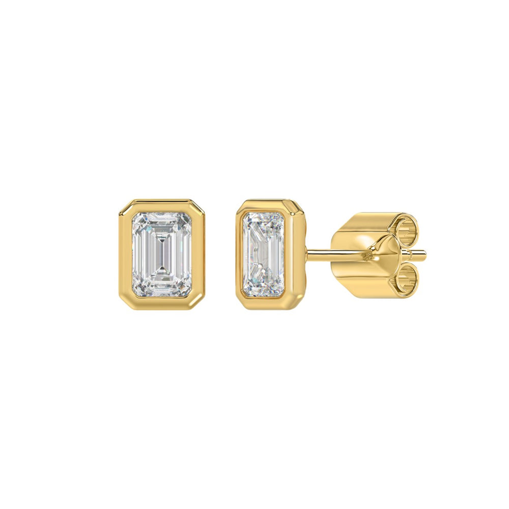 LADIES SOLITAIRE EARRINGS 2CT EMERALD DIAMOND 14K YELLOW GOLD