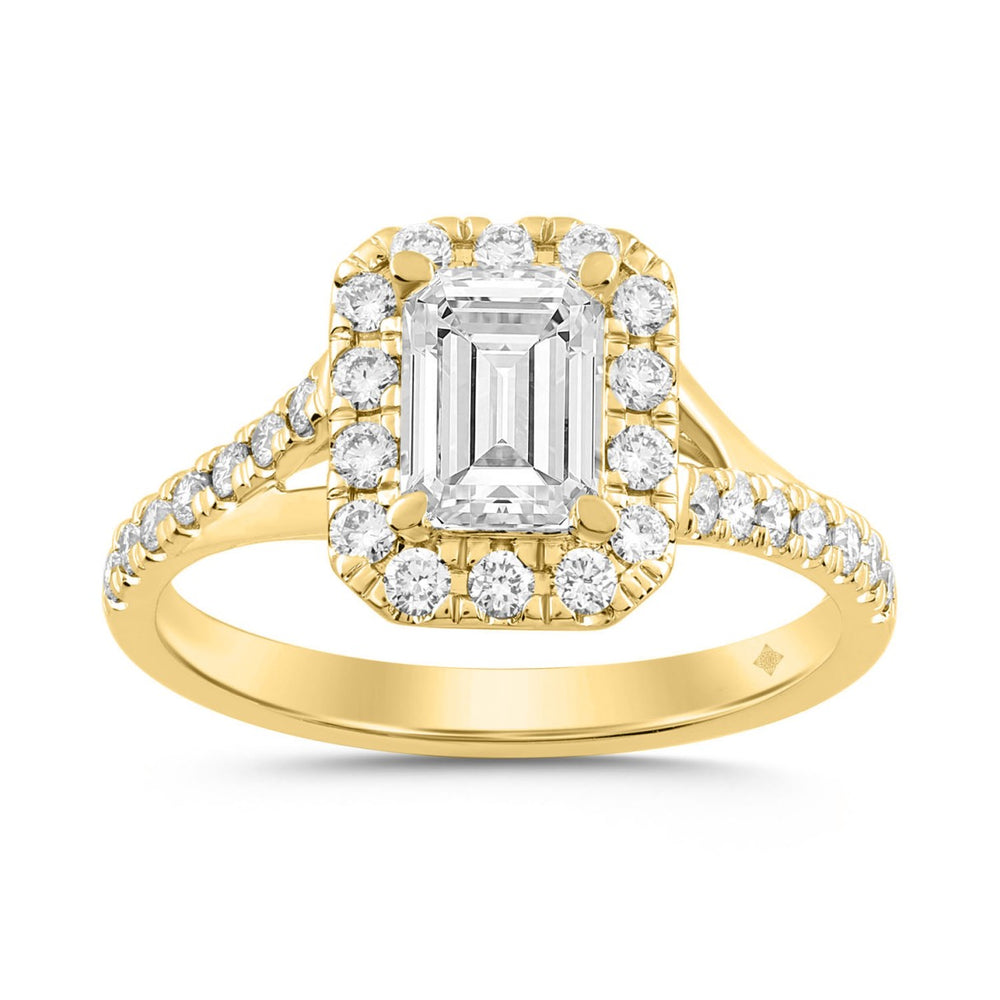 LADIES RING 1 1/2CT ROUND/EMERALD DIAMOND 18K YELLOW GOLD (CENTER STONE EMERALD DIAMOND 1CT)