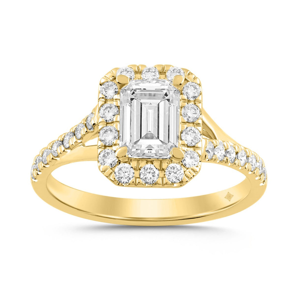 LADIES RING 1 1/2CT ROUND/EMERALD DIAMOND 18K YELLOW GOLD (CENTER STONE EMERALD DIAMOND 1CT)
