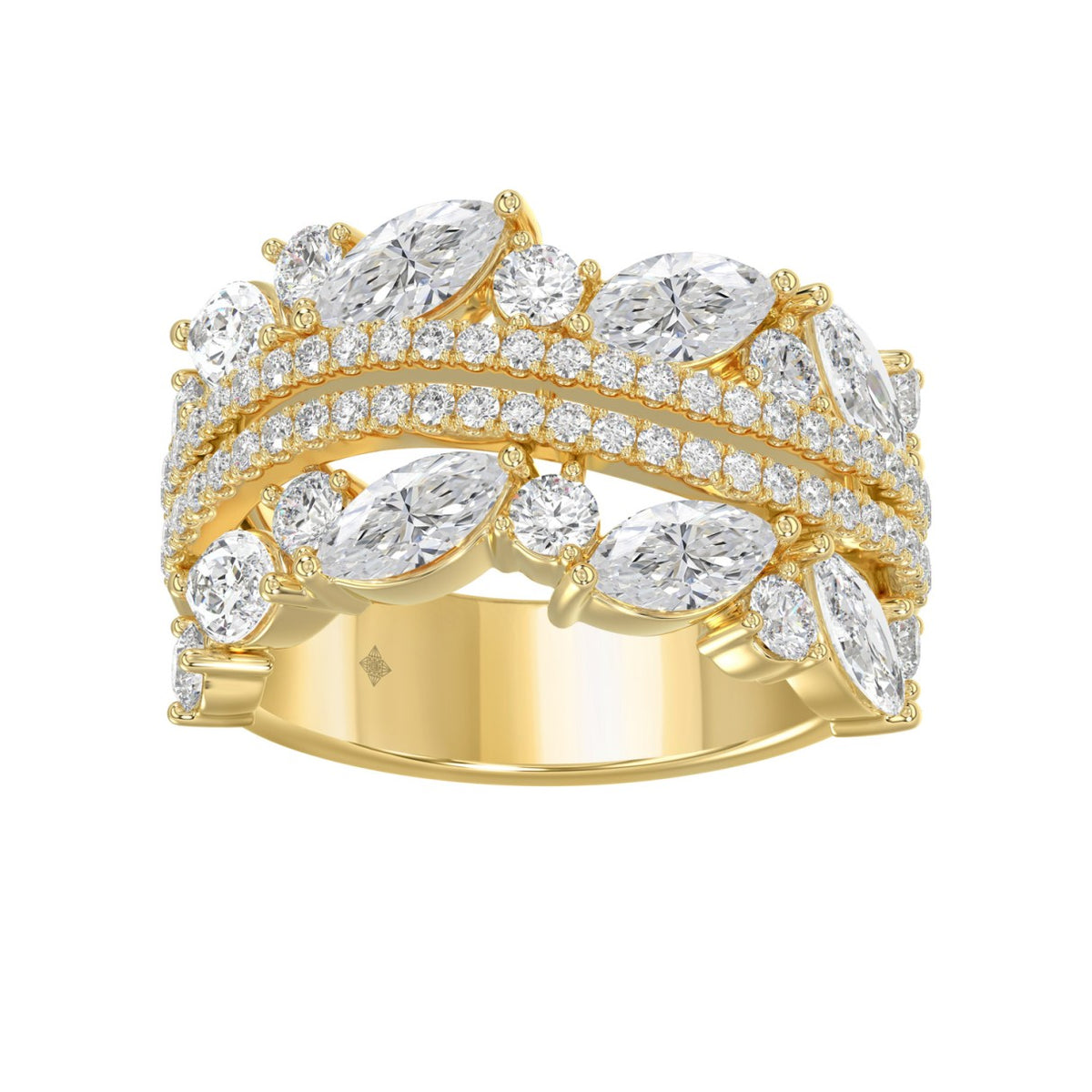 This is a diamond 14k cluster Ladies 2CT  Ring featuring Marquise-shaped and round-cut diamonds in a leaf or floral motif set in Yellow gold (Color F-G  Clarity VS1/VS2)
