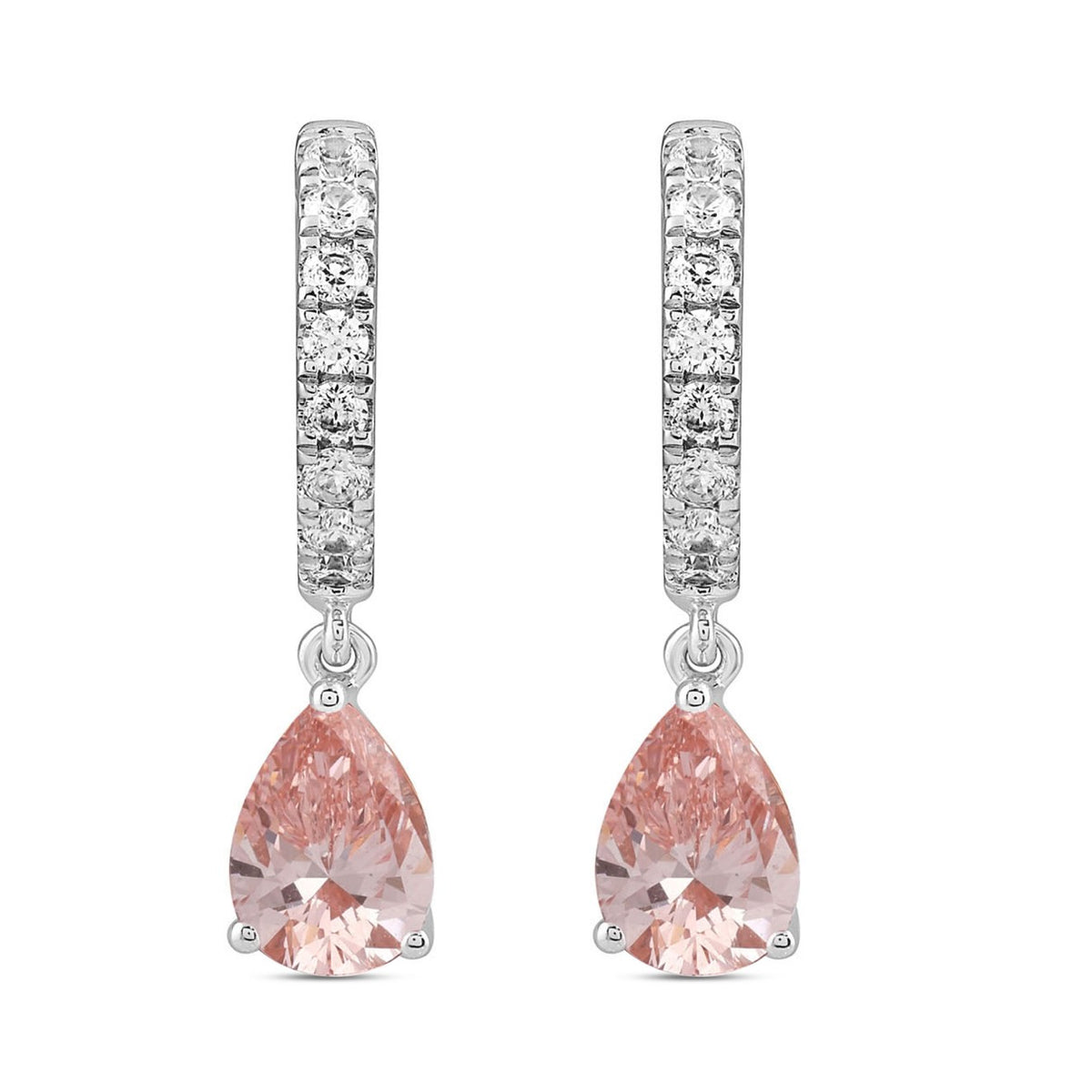 LADIES HOOPS EARRINGS  2CT ROUND/PEAR DIAMOND 14K WHITE GOLD (CENTER STONE PINK PEAR DIAMOND 3/4CT )